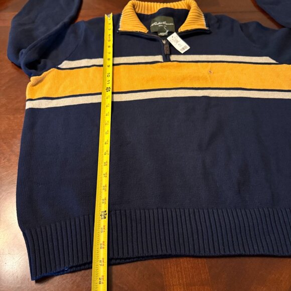 Eddie Bauer XL Tall Mens Navy Yellow Striped 1/4 Zip Sweater 100% Cotton - Picture 9 of 11